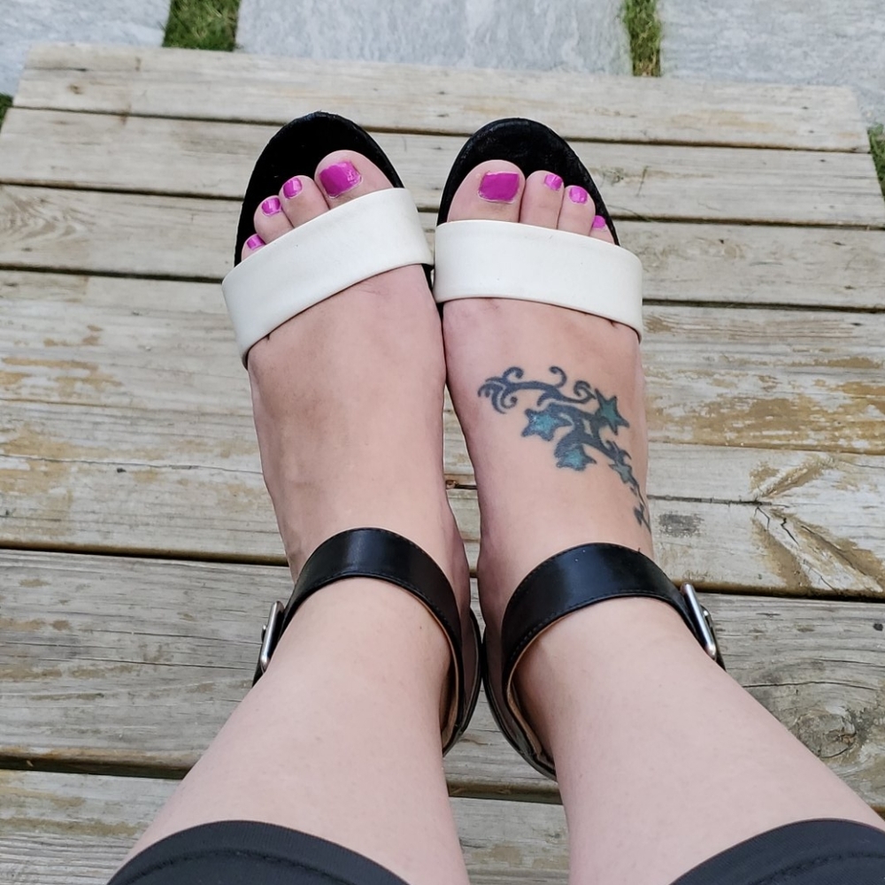 Black and white strappy wedges